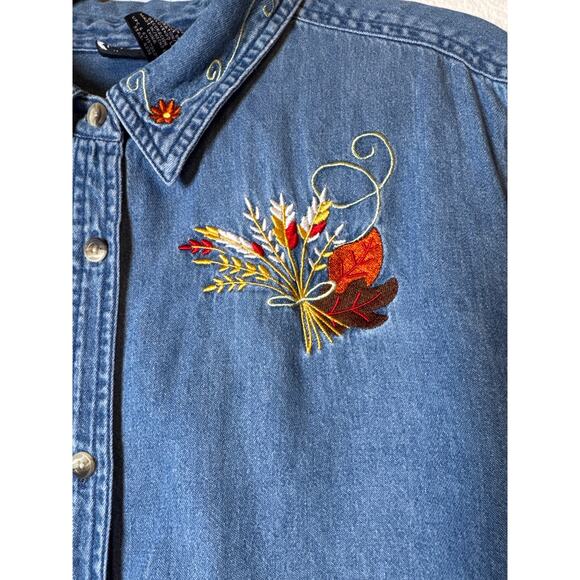 Holiday Editions Harvest Fall Autumn Embroidered Leaves Denim Button Down Shirt - Picture 2 of 7